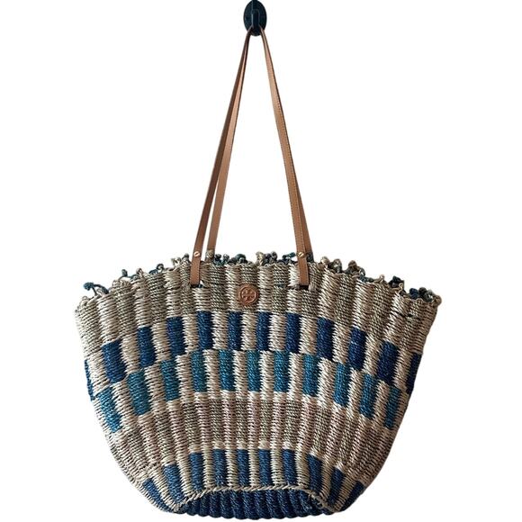 Tory Burch Handbags - Tory Burch Ella Straw Tote Blue Striped Boho Beach Bag